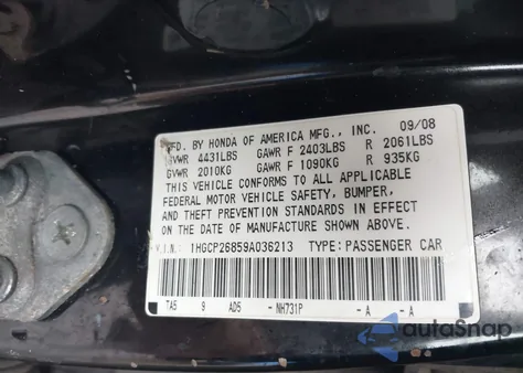 2009 Honda Accord 2.4 Ex-L z USA, uszkodzony, nr VIN 1HGCP26859A036213